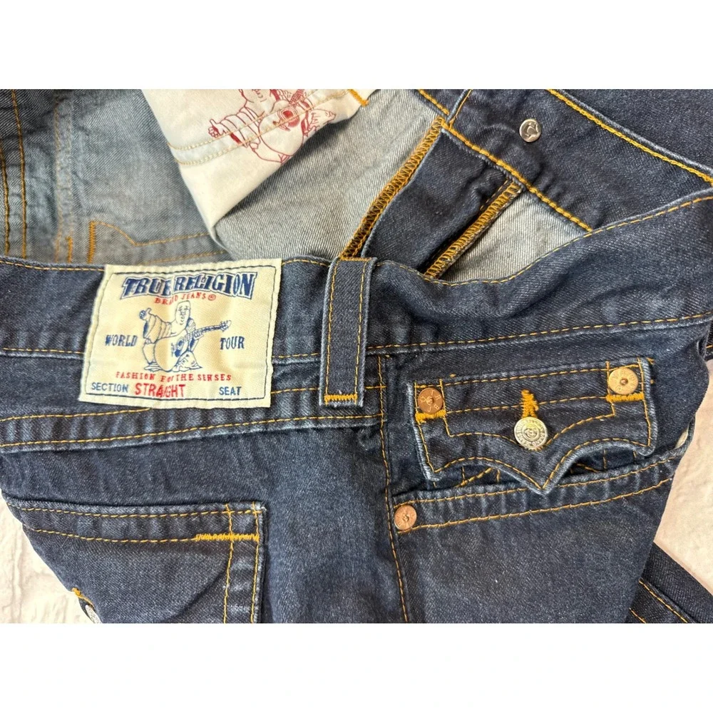 True Religion Straight Jeans Mens 42 Blue Excellent Flap Pocket Dark Wash Indigo